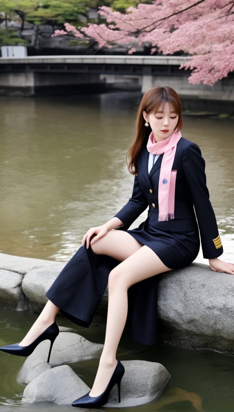 A Korean girl wearing a uniform, a long skirt, stockings, high heels, earrings and a silk scarf is sitting on the bank of a Japanese river and blowing air.