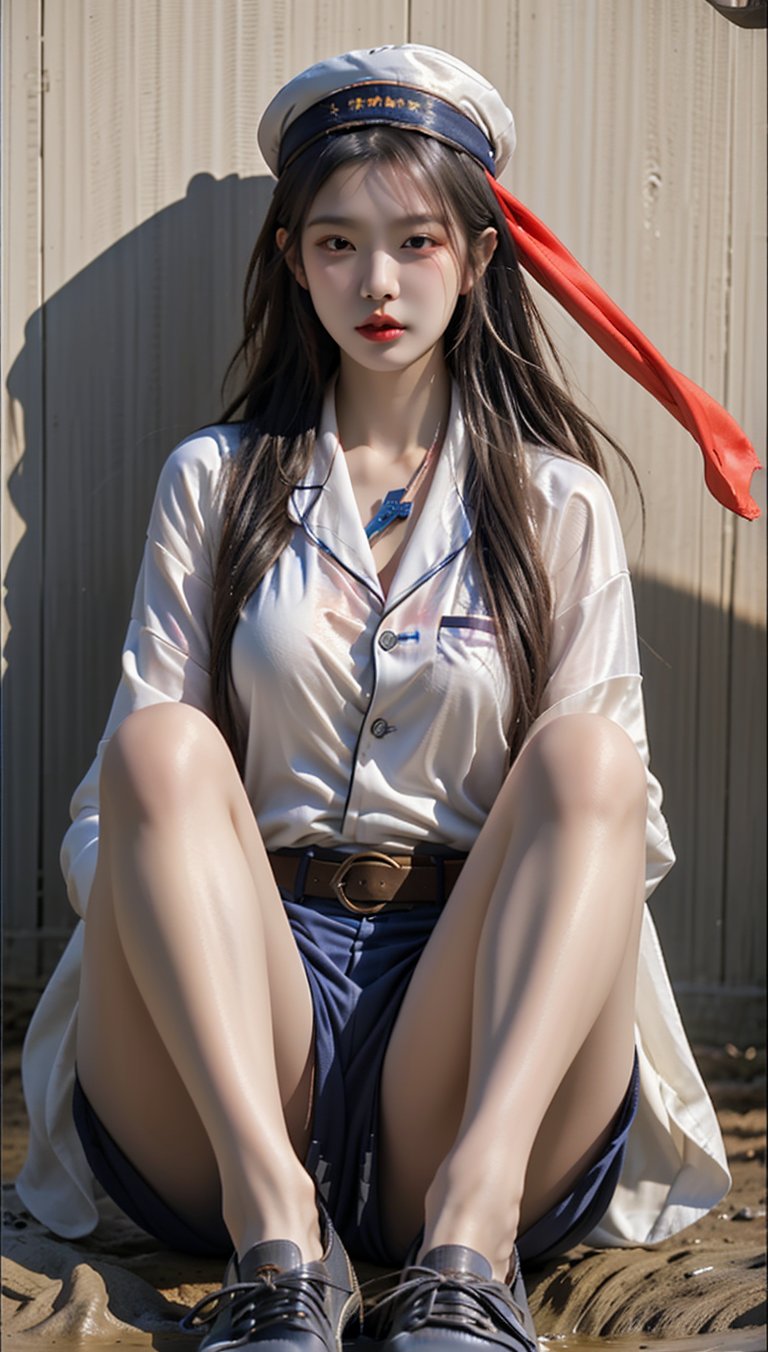 A Korean woman wearing a sailor hat, silk scarf, necklace, ring, bracelet, sexy pajamas, S-belt, pantyhose and canvas shoes. Her face was covered in mud in the mud!