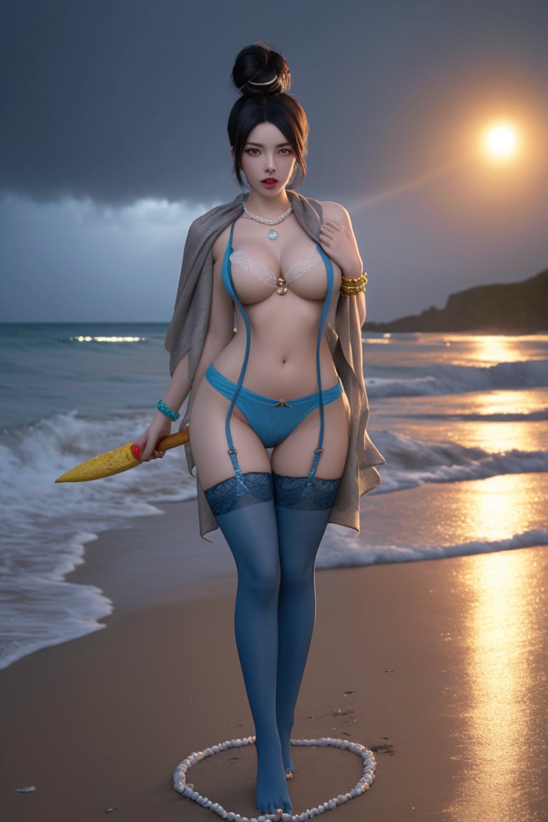 A Korean woman wearing a bun, a shawl, a necklace, a ring, a jade bracelet, blue stockings, high heels and a suspender with sexy low-cut lace was holding a yellow curare on the beach on a thundering night!