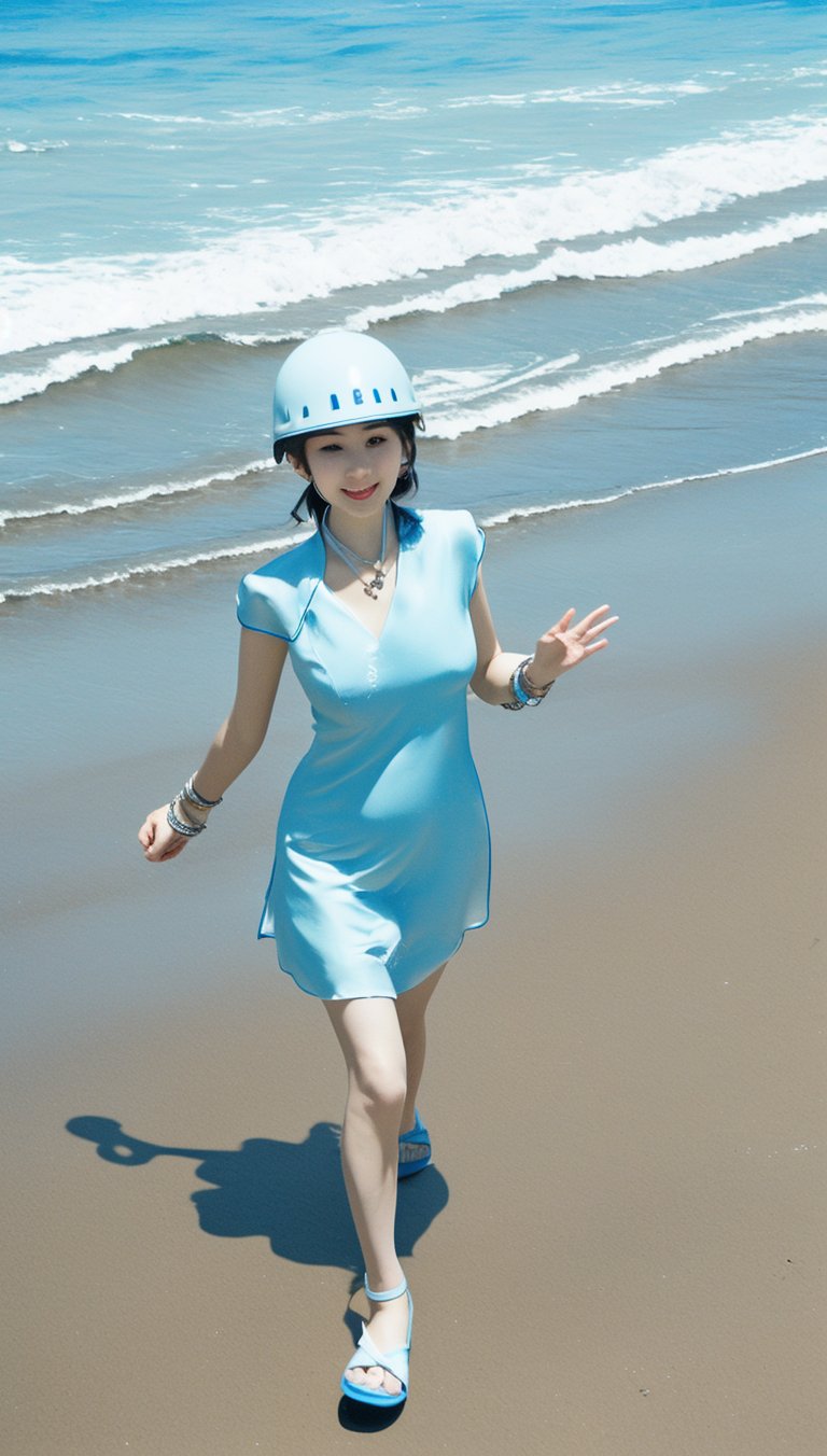 A Korean girl wearing a blue safety helmet, hair tie, necklace, cheongsam, bracelets and beach shoes is surfing on the beach!