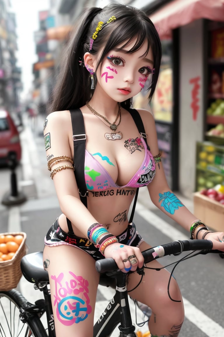 A Korean girl dressed coolly, wearing jewelry, necklaces, rings, anklets, earrings, suspenders, graffiti all over her body, stickers on her face and nail paint, was riding a bicycle to buy groceries!