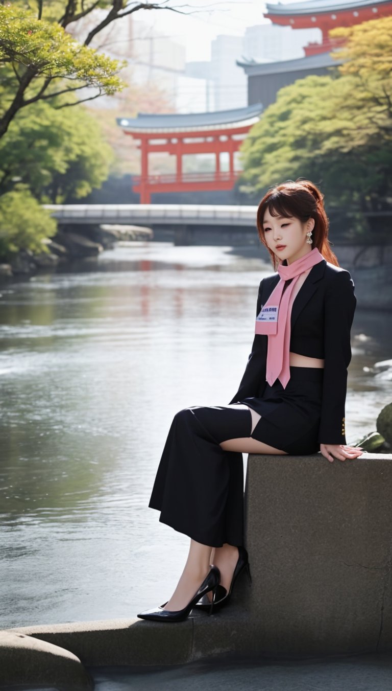 A Korean girl wearing a uniform, a long skirt, stockings, high heels, earrings and a silk scarf is sitting on the bank of a Japanese river and blowing air.