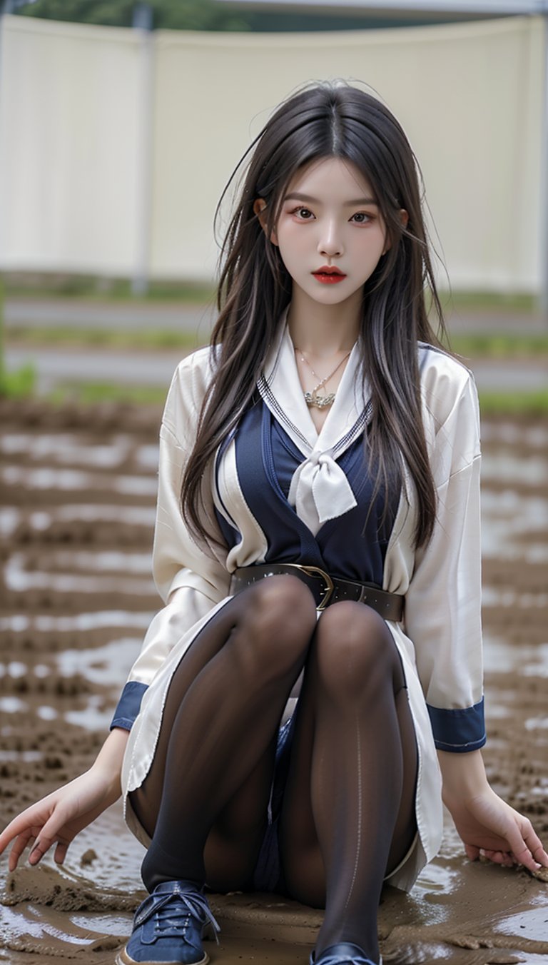 A Korean woman wearing a sailor hair, silk scarf, necklace, ring, bracelet, sailor suit, S belt, pantyhose and canvas shoes is rolling in the mud!