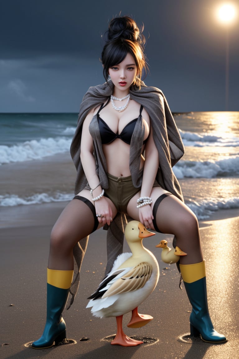 A Korean woman wearing a bun, shawl, necklace, ring, jade bracelet, stockings, rain boots and suspenders and sexy low-cut lace was hugging a yellow duck on the beach on a thundering night!