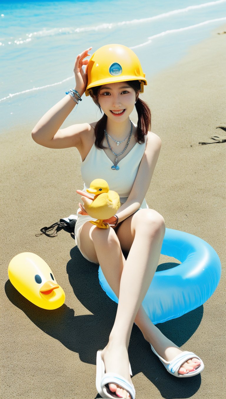 A Korean girl wearing a blue safety helmet, a hair tie, a necklace, a uniform, a bracelet, and beach shoes is playing with an inflatable yellow one-eyed duck on the beach!