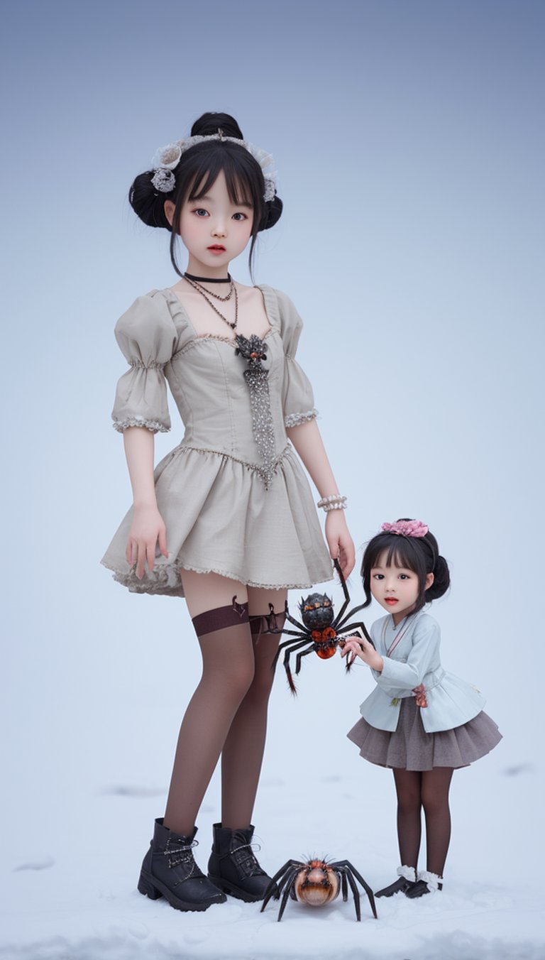 A little Korean girl wearing a small dress, a headdress, a necklace, a ring, a bracelet, an anklet, and stockings was playing with a big spider in the snow.