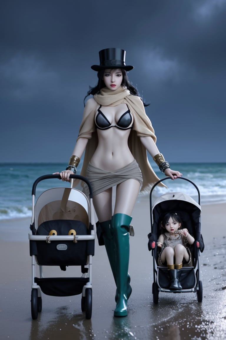 A Korean woman wearing a top hat, shawl, necklace, ring, bracelet, rain boots and suspenders in a sexy low-cut dress and coat was driving a baby stroller with a duck shape on the beach on a rainy night!