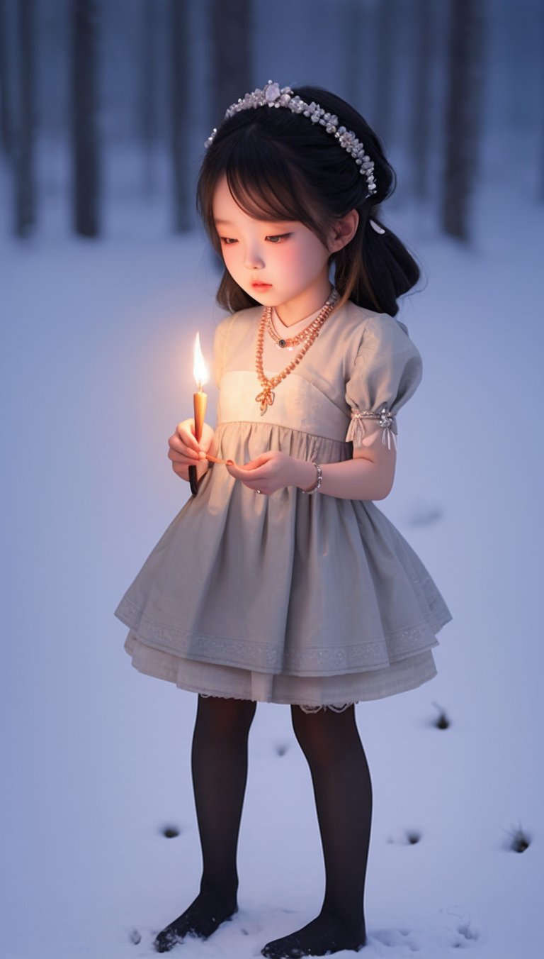 A little Korean girl wearing a small dress, a headdress, a necklace, a ring, a bracelet, an anklet, and stockings lit a match in the snow.