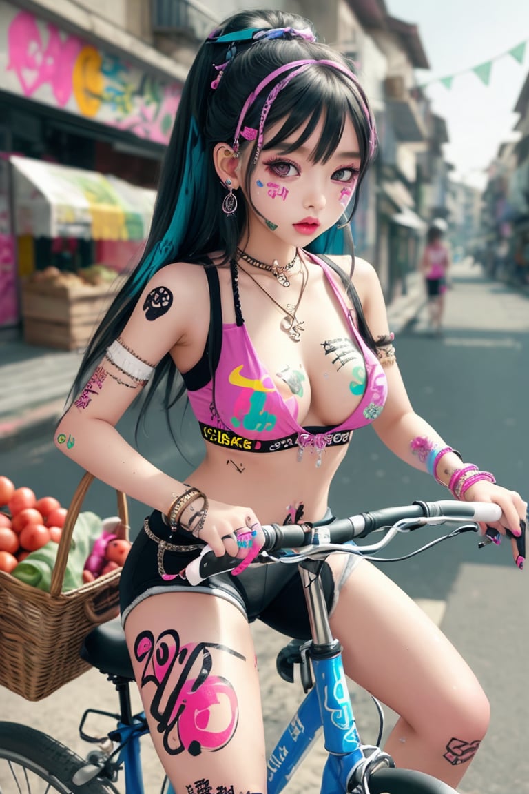 A Korean girl dressed coolly, wearing jewelry, necklaces, rings, anklets, earrings, suspenders, graffiti all over her body, stickers on her face and nail paint, was riding a bicycle to buy groceries!