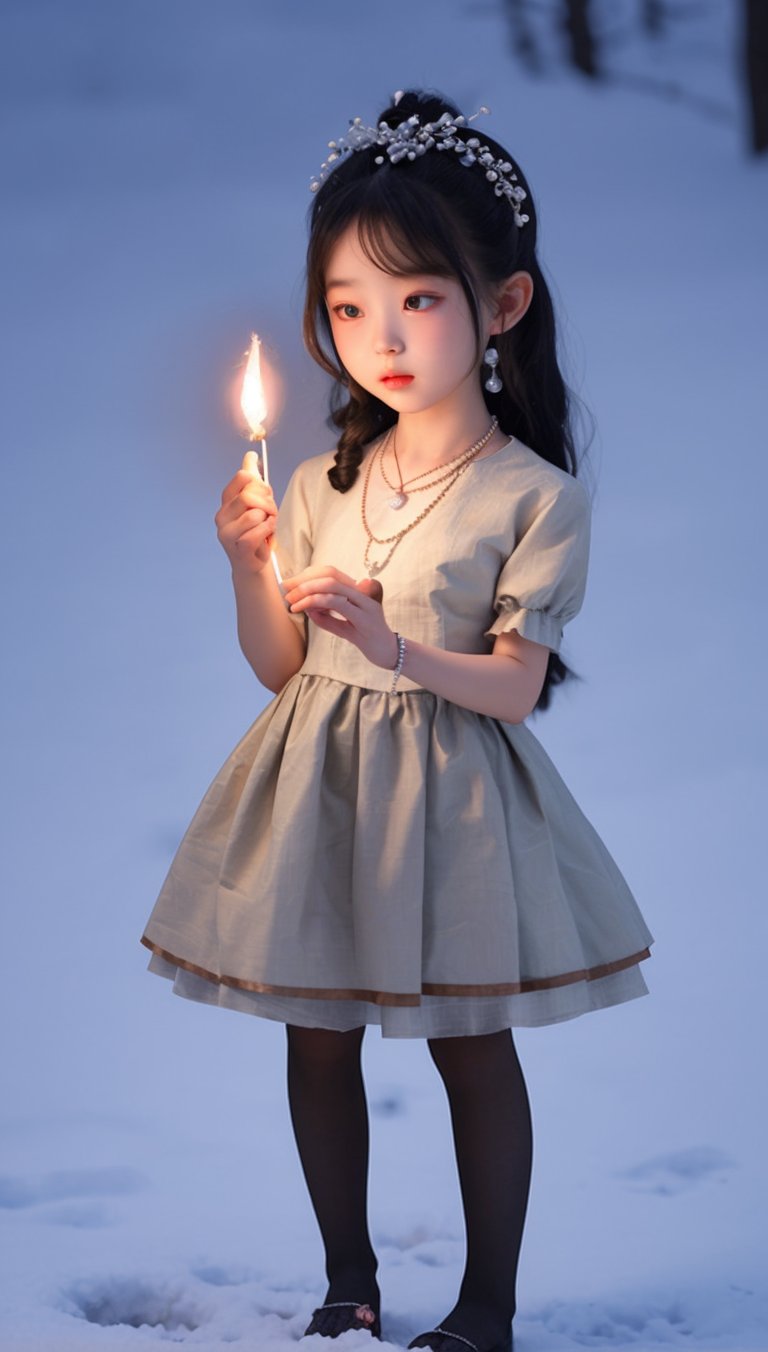 A little Korean girl wearing a small dress, a headdress, a necklace, a ring, a bracelet, an anklet, and stockings lit a match in the snow.