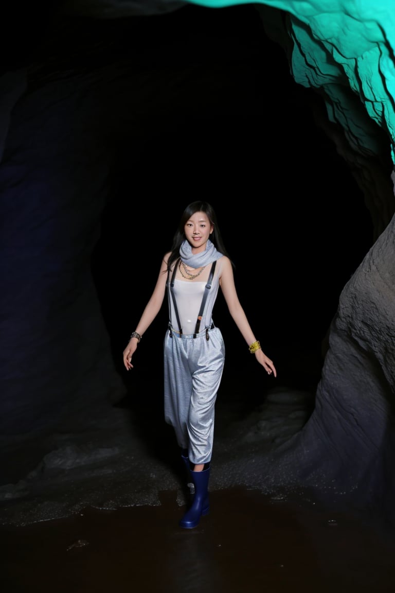 A Korean woman wearing a headlamp, scarf, necklace, rings, bracelets, suspenders, rain boots and sexy low-cut pajamas is rolling in a cave!