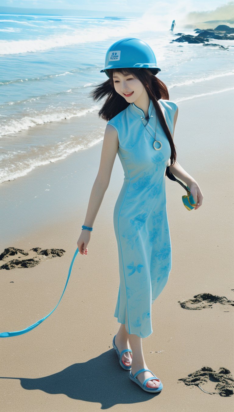 A Korean girl wearing a blue safety helmet, hair tie, necklace, cheongsam, bracelets and beach shoes is surfing on the beach!