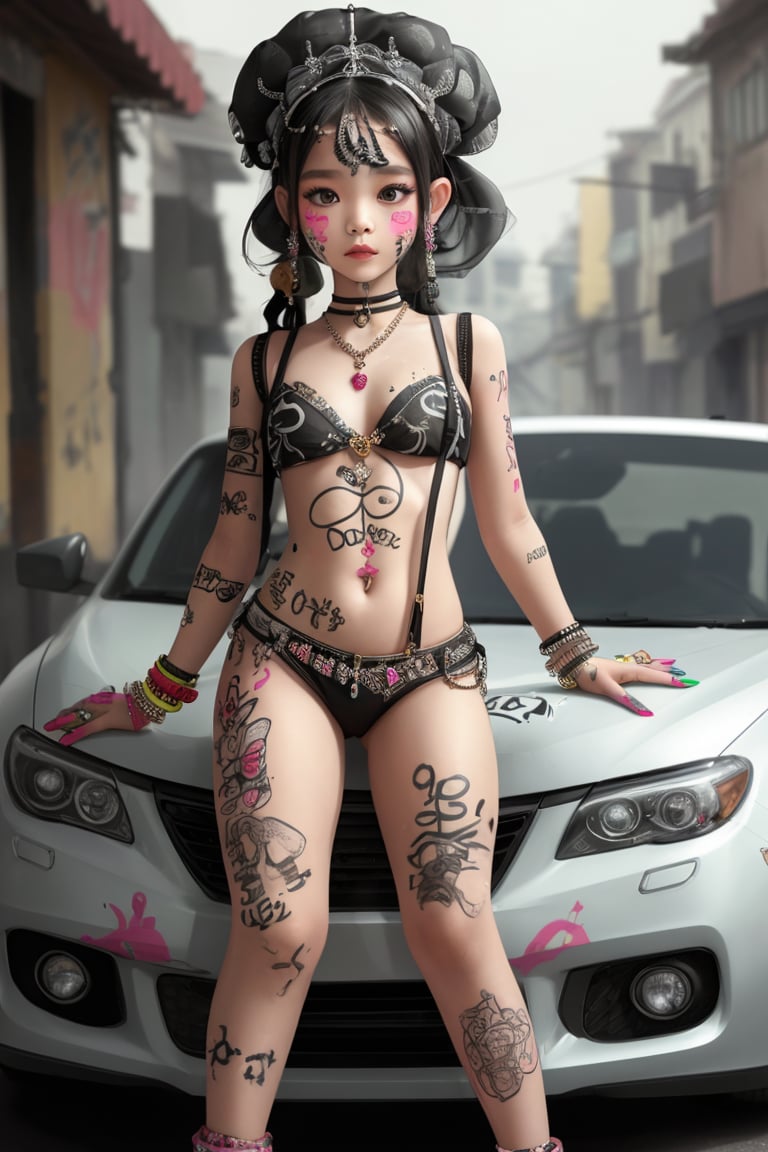 A little Korean girl dressed coolly, wearing headdress, jewelry, necklaces, rings, anklets, earrings, suspenders, tattoos all over her body, graffiti on her face and nail paint, was playing with a rocking car!