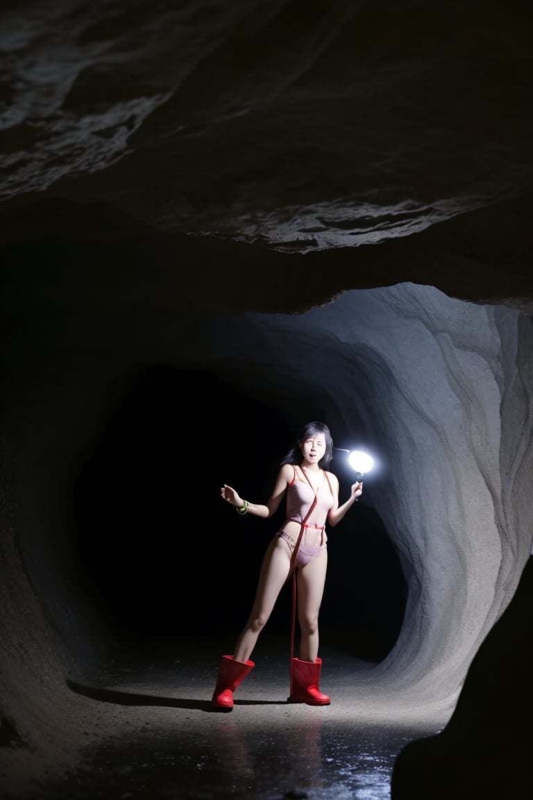 A Korean woman wearing a headlamp, scarf, necklace, rings, bracelets, suspenders, rain boots and sexy low-cut pajamas is rolling in a cave!