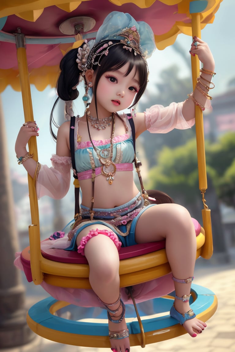 A little Korean girl wearing cool clothes, headdress, jewelry, necklaces, rings, anklets, earrings, suspenders, and nail paint is playing on the merry-go-round!