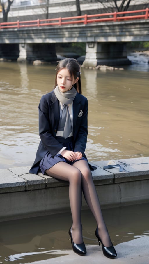 A serene Korean girl, donning a crisp uniform, flowing long skirt, and opaque stockings, sits contemplatively on the tranquil banks of a Japanese river. Her stilettos add height to her statuesque figure as she blows gentle streams of air into the soft breeze. A delicate silk scarf wraps elegantly around her neck, complemented by dainty earrings that catch the warm sunlight. The atmosphere is peaceful, with only the soft lapping of the water against the shore breaking the silence.