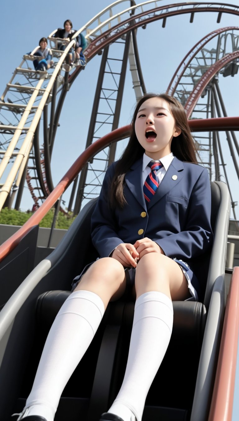 A Korean girl wearing a high school uniform looks scared while playing a roller coaster.