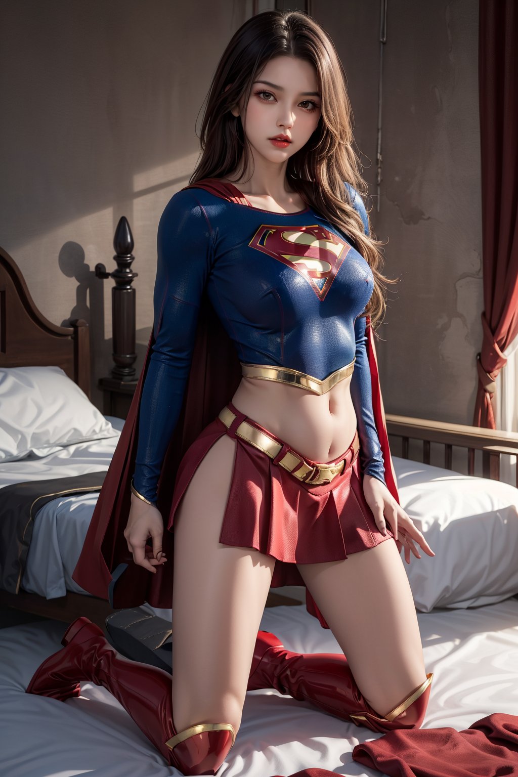 1girl, long black hair,supergirl,wearing Supergirl's blue tight uniform,perfect,red Boots higher than knees,Red miniskirt,Red long cape,full body,Bright colors,Bright red Boots, red miniskirt,Boots over the knee,Clothes are tied to skirts,Red miniskirt,Female model posen,Red over-the-knee pointed high-heeled boots,full body,full body,tall girl,long boots,Red long cape,Boots longer than legs,Don't show belly,Extremely long tip boots,red skirt,full body,supergirl's tight suit,can't show your knees,can't show belly button,Must be a long red cloak and a red miniskirt,Boots must exceed the knee,The skirt and uniform have Supergirl's gold belt at the connection,full body,Pure white background,black long hair,Female masturbationKneeling on the bed and masturbating