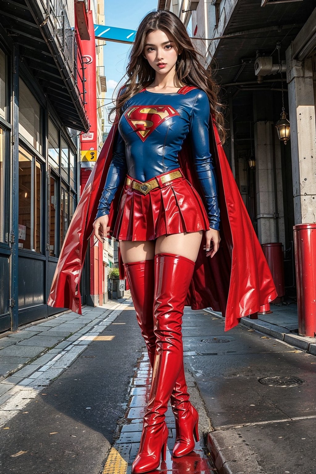 1girl, long black hair,supergirl,wearing Supergirl's blue tight uniform,perfect,red Boots higher than knees,Red miniskirt,Red long cape,full body,Bright colors,Bright red Boots, red miniskirt,Huge chest,Boots over the knee,Clothes are tied to skirts,Red miniskirt,Female model posen,Red over-the-knee pointed high-heeled boots,full body,running in the middle of the road,full body,tall girl,long boots,Red long cape,Boots longer than legs,Chinese supergirl,18years old,Don't show belly,Extremely long tip boots,red skirt,full body,supergirl's tight suit,Don't show knees,Knees wrapped in boots,strong girl,Pointy high-heeled boots,thin high heels,Uniforms and skirts are connectedUniforms and skirts are connected,Don't show your stomach,red skirt,full body,Extra long red boots,Golden Supergirl Belt,One-piece tight uniform
,Show the outline of the muscles,Red miniskirt and long cape,Boots must be over the knee,Integrated coats,Golden Supergirl Belt,Red miniskirt,Full of muscles,Tall and strong,Sexy,Full of muscle beauty,red dress,The skirt must be red.