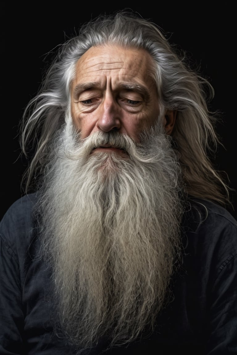 An image of a very tired old man, long beard, wild hair, gradient black background, highly details, the facial expression reflects wisdoms and test of time. (Masterpiece), UHD, ((Highly details)),

darkart