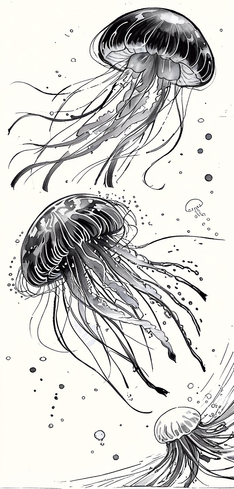 Jellyfish in a drawn style, on paper with sketch lines with charcoal pencils.