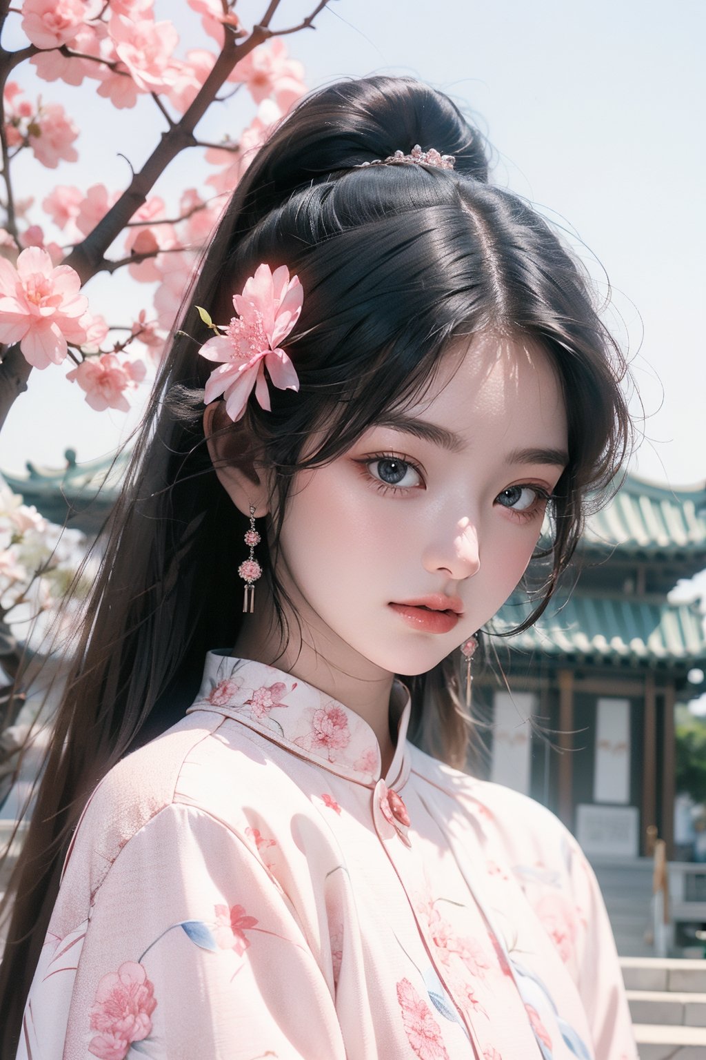 A 18-year-old Korean beauty,in the sakura flowers.
face closeup
temple in the background