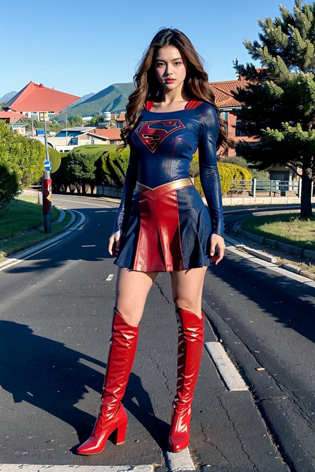 1girl, black long hair,supergirl,18years old,Wearing Supergirl's blue uniform，Red miniskirt，Red long cloak，Wearing red high-heeled knee-high boots，full body，Huge chest，Standing in the middle of the road，Red over-the-knee boots,Red miniskirt，Bright colors，very very longKnee-length boots,The boots reached the skirt,The eyes are full of porn，Huge nipples，Protruding chest，The chest is as big as the balloon，tall,Model's posture，Chinese 18-year-old Supergirl,full body,Huge chest，Little fat，tall girl,Ultra-long boots