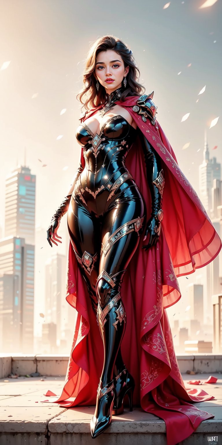 A majestic Korean beauty sits proudly on a rooftop ledge, surrounded by a cityscape's vibrant lights. Her long, straight hair flows behind her like a river of silk. A radiant smile illuminates her face, accentuating her sharp features. She wears an intricately designed power armor adorned with red and white stripes, complete with a flowing white cape. The armor's metallic sheen catches the evening sun, highlighting every curve and contour of her toned physique. Her strong hands grasp the ledge, fingers flexed as if ready to spring into action. A slight crease above her eyebrows hints at a fierce determination.