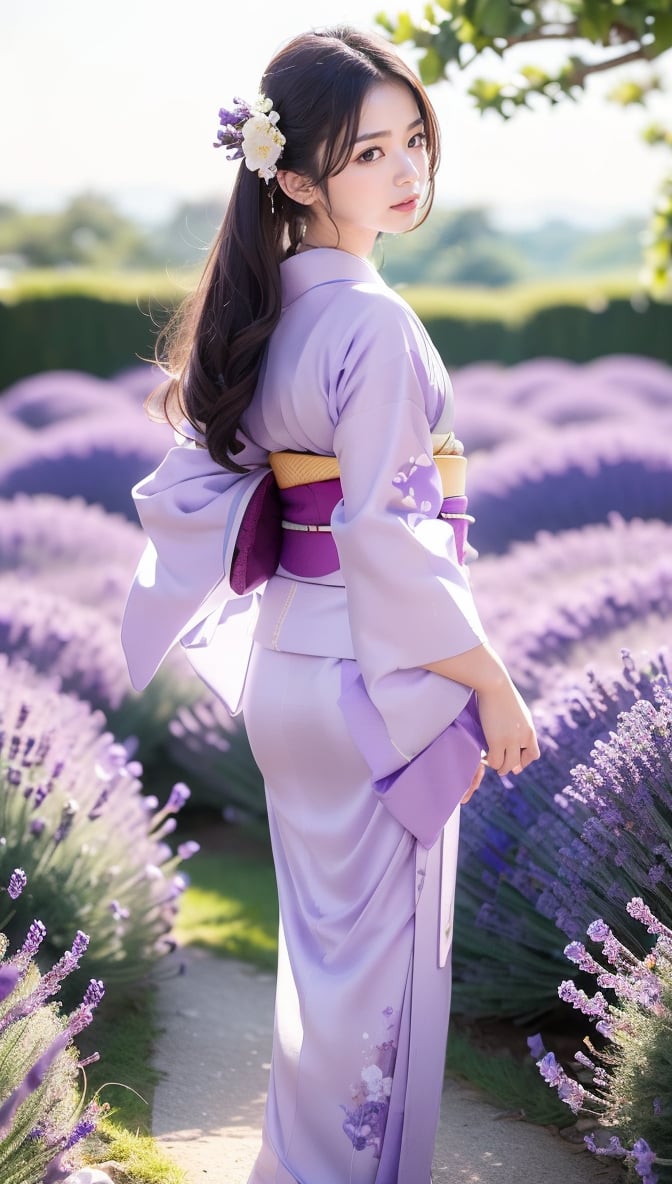 (Masterpiece: 1.3), (Photoreal: 1.4), 8K, top quality, masterpiece, super A high resolution, perfect dynamic composition, professional camera work, glow light effect, realistic portrait, cinematic light, Highly detailed skin and facial textures: 1.3, ultra-slim eyes, delicate limbs, spring, lavender flower field, lonely girl, cute and sexy 23-year-old slim woman, white skin, (lavender flowers: 1.2 ), (Enchanted expression: 0.9), (Attractiveness level: 1.0), (Light purple kimono: 1.3), Only shoulders and shoulder blades exposed, Back shot, Calm pose, (Rich chest: 0.9), (Shii Blue eyes, (eyes that make you feel) beautiful eros: 0.85), sexy face: 0.4, (taste that makes you feel beautiful eros: 0.85), ((too cute beauty: 0.9)), realhands