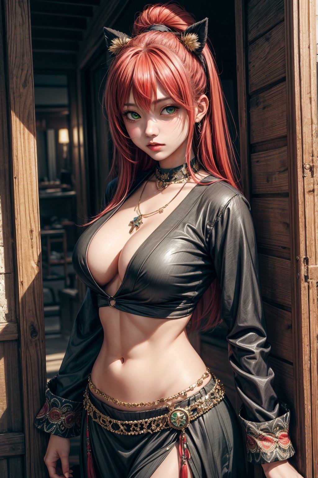 1girl, solo, Yukina, oil painting, impasto, looking at viewer, a young woman, 18 years old, red hair, long hair, green eyes, muscular body, big breasts, tribal necklace, urban psychedelic outfit, psychedelic  background, masterpiece, nijistyle, niji, ,sciamano240, soft shading, yukina, (thin and long sleeves:1.3)