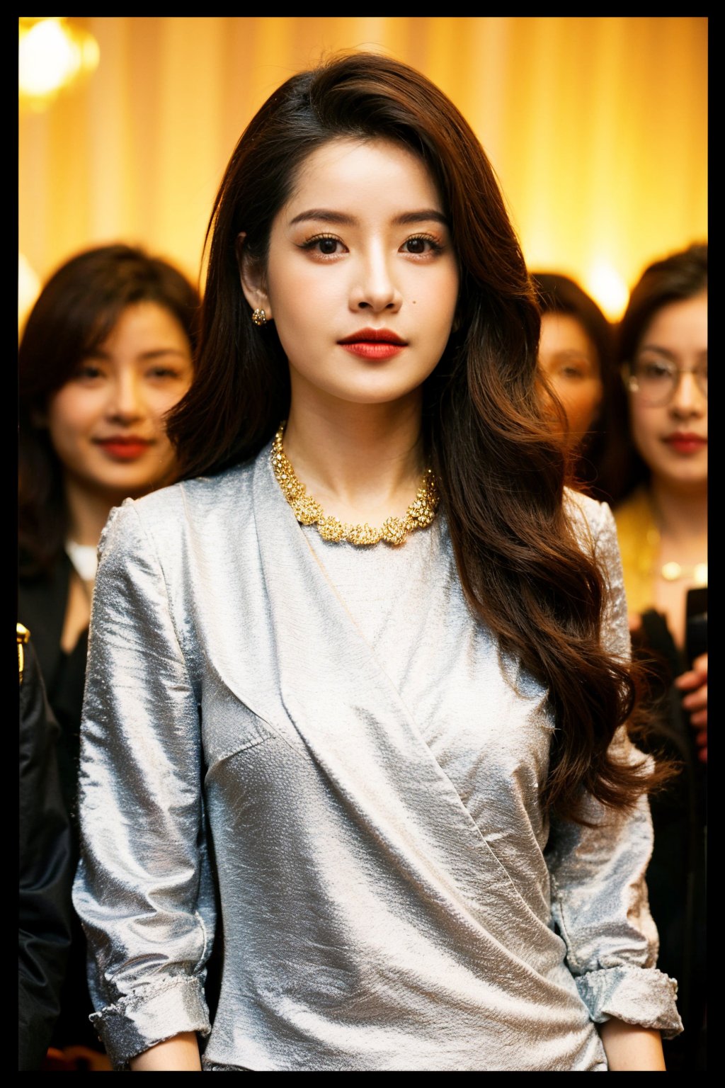 Best quality, masterpiece, ultra high res, (photorealistic:1.4), raw photo, front view, (perfect body, upper body, photo from the knee), ((full frontal shot of a beautiful white skin girl wearing a gorgeous luxurious dress, luxurious gold necklace, She was surrounded by reporters taking photos at a celebrity press conference)), looking_at_viewer, bussiness jacket,ao dai