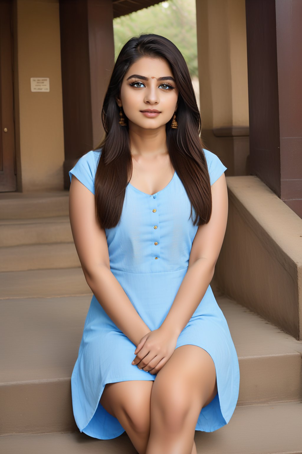 Indian girl,oval face,beautifulface,bihari asset,beautiful eyes,beautiful nose,beautiful lips, long hair, blueblakish eyes, wearing kurti,curvy figure, beautiful temple background, sitting in stairs of temple