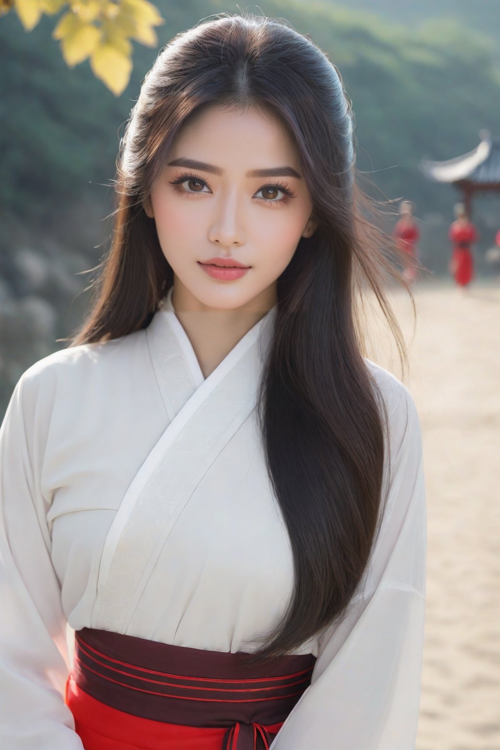 1girl, long hair, looking at viewer, multiple girls, black hair, long sleeves, brown eyes, very long hair, outdoors, solo focus, lips, sash, chinese clothes, realistic, red lips,Wonder of Beauty