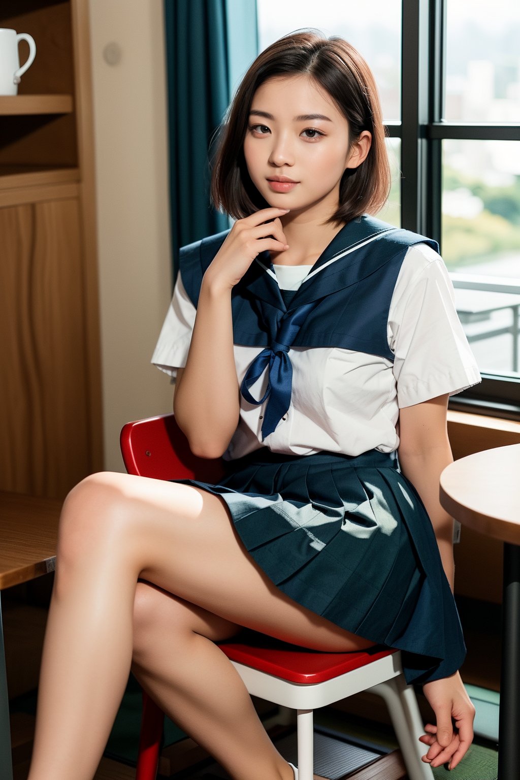 1 girl , taiwanese,  25_years old ,Asia, senior hight school,   {{short_hair the ends are cut around chin length}}, Sailor suit uniform, skirt, {{4K_quality}}, ((japanese_JK_uniform)), Extremely Realistic, smaller head,studentofMisery, Fujifilm_camera , Aperture _F1.4, XF56mmF1.4 ,full-body shot, Bokeh, IG: iwakura shiori, stockings,canvas shoes, seat on the chair, {{window next to starbucks}}, Backlight, sideways ,{{ silhouette}}, indoor only sun light,time is 3P.M.{{Half-body close-up}}, facing forward, turning head to look like a camera, No light indoors, light only form windows,Hands on the table, one hand resting on the chin, coffee cup on the table, film_style, cross her legs