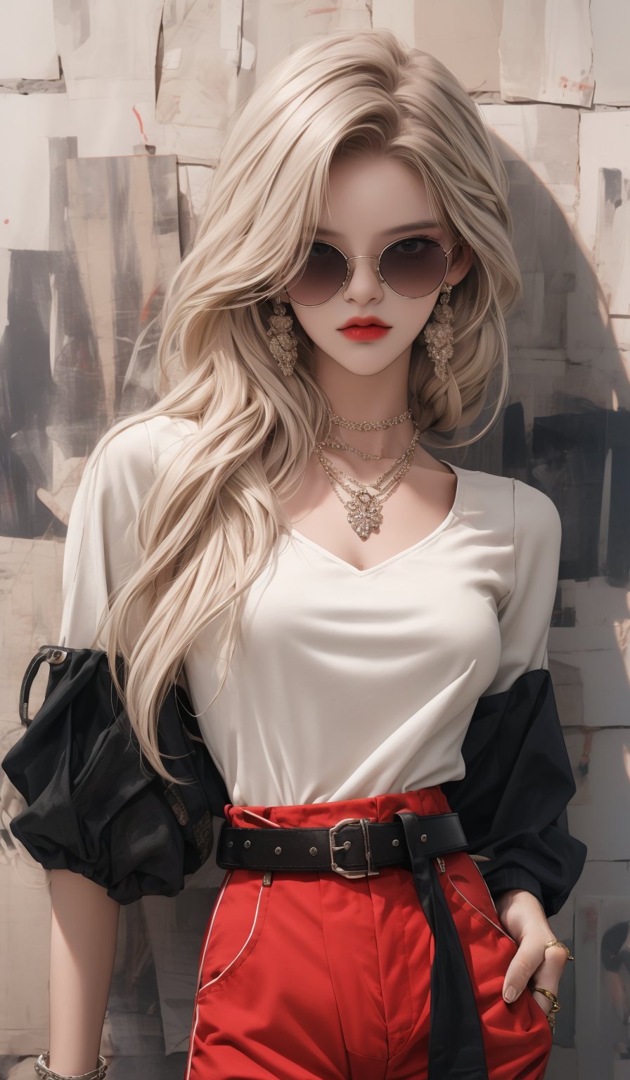  masterpiece art, 8k, (A beautiful teen girl with a skinny body), (white braid hair) , she is wearing a (red designed full sleeve top and black designed Paperbag Waist Shorts), (waist belt), (black sunglasses), fashion style clothing. Necklace, jewelry, Her toned body suggests her great strength. The girl is dancing hip-hop and doing all kinds of cool moves.,white wall background,shot from a distance,detailed art Sohwa,medium full shot,skinny,Detaileddace