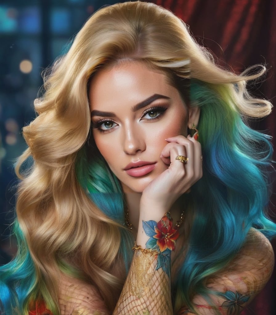 Generate hyper realistic image of a woman with long golden shiny hair cascading over one eye, her piercing green and golden eyes locked onto the viewer. showcasing her elegant red nail polish. Her hair is styled with a flower, complemented by earrings and a necklace. Streaks of azure blue and glittering green  adorn her hair, adding a unique flair. Fishnet stockings and a tattoo peek out. Look at her whole Body from the Front.