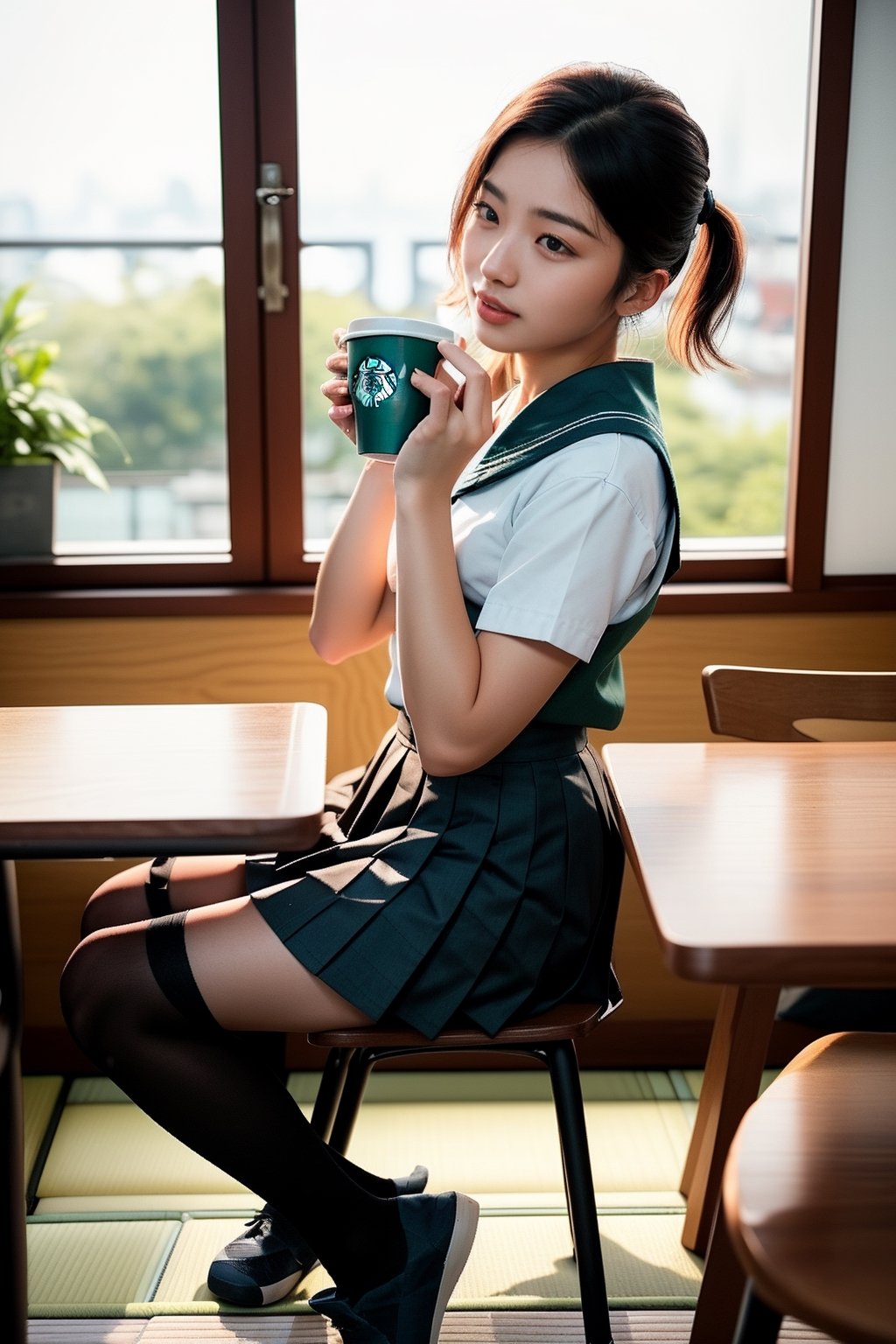 1 girl , taiwanese,  25_years old ,Asia, senior hight school,   {{short_hair the ends are cut around chin length}}, Sailor suit uniform, skirt, {{4K_quality}}, ((japanese_JK_uniform)), Extremely Realistic, smaller head,studentofMisery, Fujifilm_camera , Aperture _F1.4, XF56mmF1.4 ,full-body shot, Bokeh, IG: iwakura shiori, stockings,canvas shoes, seat on the chair, {{window next to starbucks}}, Backlight, sideways ,{{ silhouette}}, indoor only sun light,time is 3P.M.{{Half-body close-up}}, facing forward, turning head to look like a camera, No light indoors, light only form windows,Hands on the table, one hand resting on the chin, coffee cup on the table, film_style, cross her legs