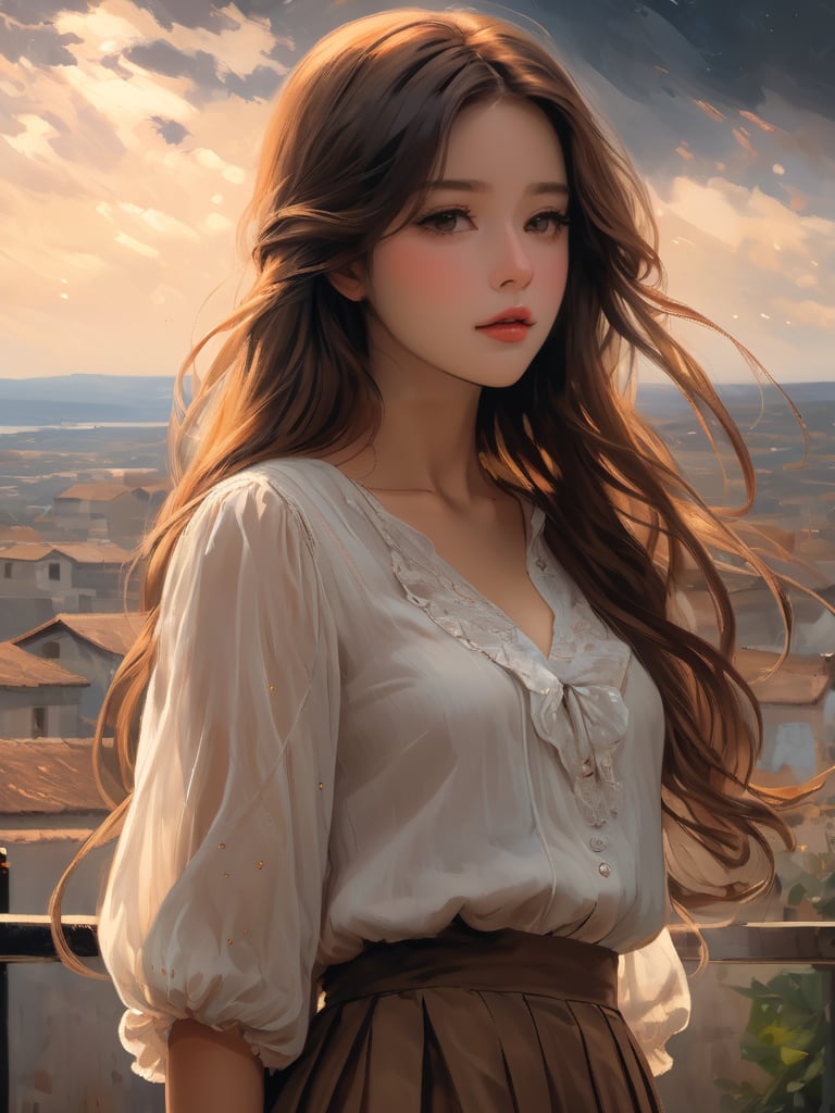 Masterpiece, top quality, highest quality, art, detail. 1 girl, long brown hair, brown eyes, sad eyes staring into space, full body shot, beautiful, skirt, soft blouse,