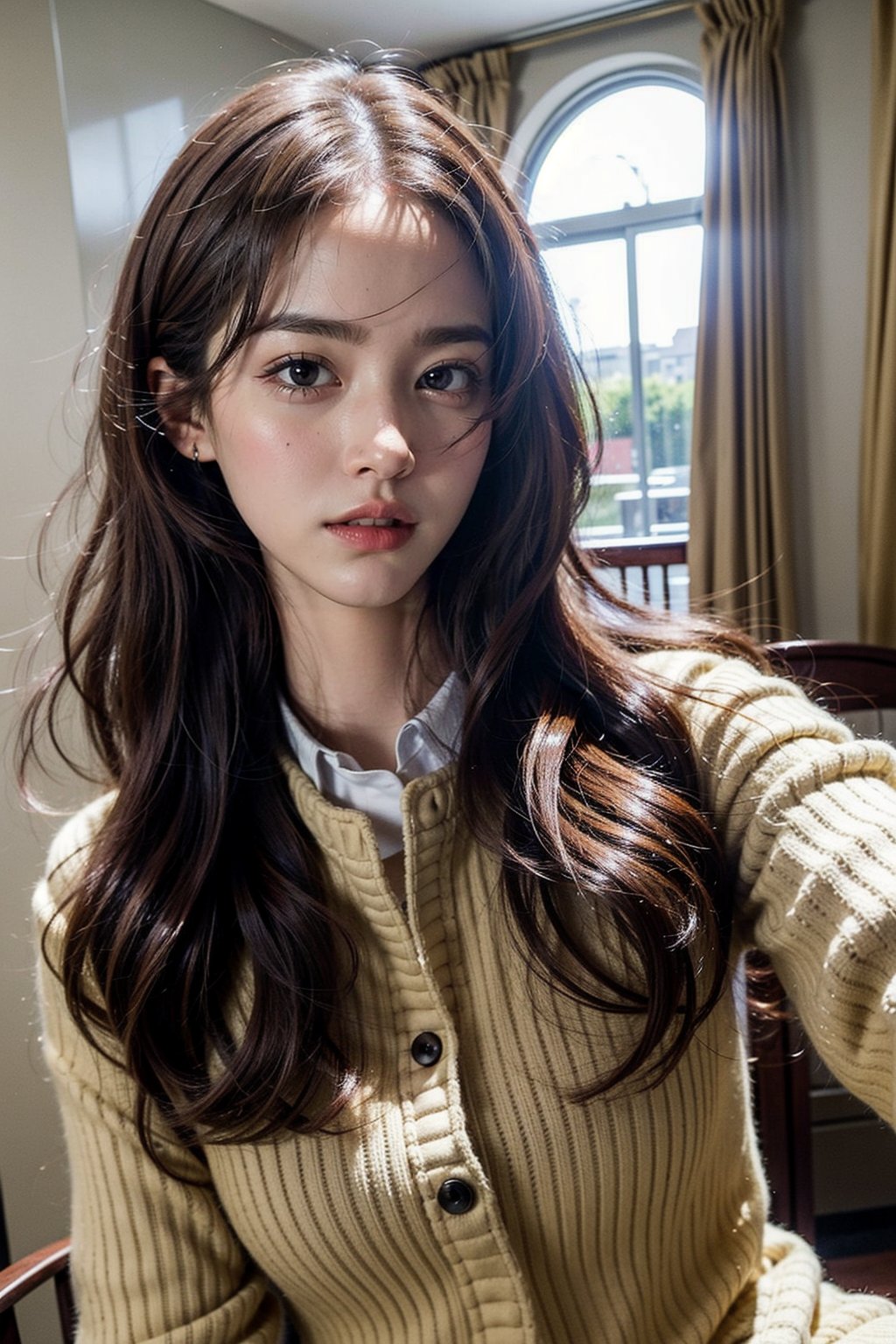 Generate hyper realistic image of an Young woman with long flowing hair. masterpiece, best quality, exuding sophistication.1 girl, selfie focus, ((lim yoon)), ((oval yoona narrow face)), (((narrow yoona eyes))), yoona nouse, a random emotion face, young babe 28 years old,very bright backlighting, solo, {beautiful and detailed eyes},calm expression, natural and soft light, HDR,super long hair, longer hair,bremerton