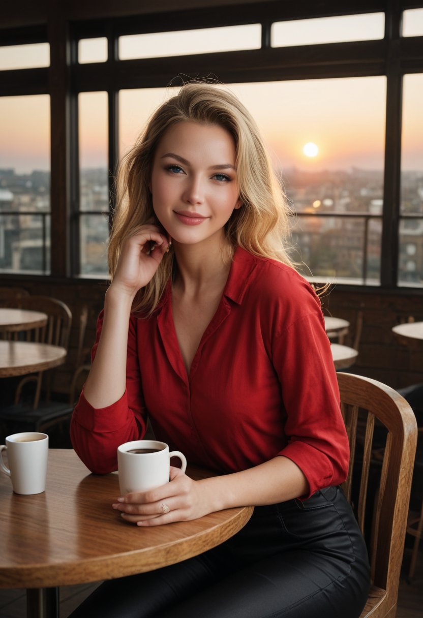 score_9, score_8_up, score_7_up, score_6_up, score_5_up, score_4_up,  1 girl, red shirt, black pants, cafe table, sunrise, blonde hair, straight hair, green eyes, solo, sitting on chair, looking at viewer, dramatic lighting, coffee on table  , concept art, realistic, , expressiveH , 1990s \(style\), vintage 