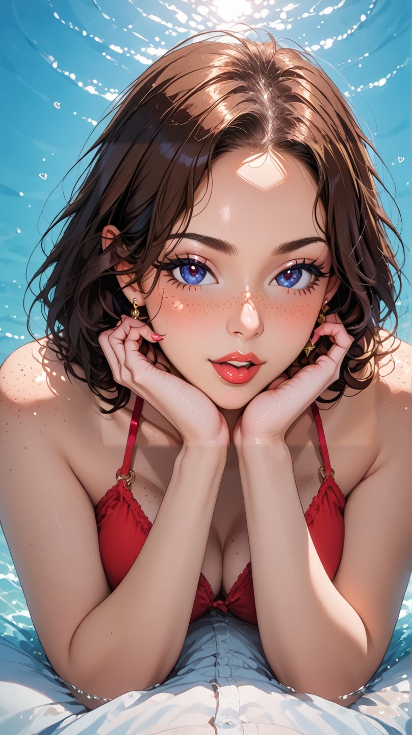 score_9, score_8_up, score_7_up,  1girl, solo, full_body,big_boobies,expressive, hearts, dynamic, brown hair, green eyes, pale skin girl, no_clothes,pale skin, freckles, nudity, cozy, water on her face, blush, red_bikini_bottom, pov_sex, looking_longingly, seductive, sexy_woman, cuddling giant dick   ,mature female