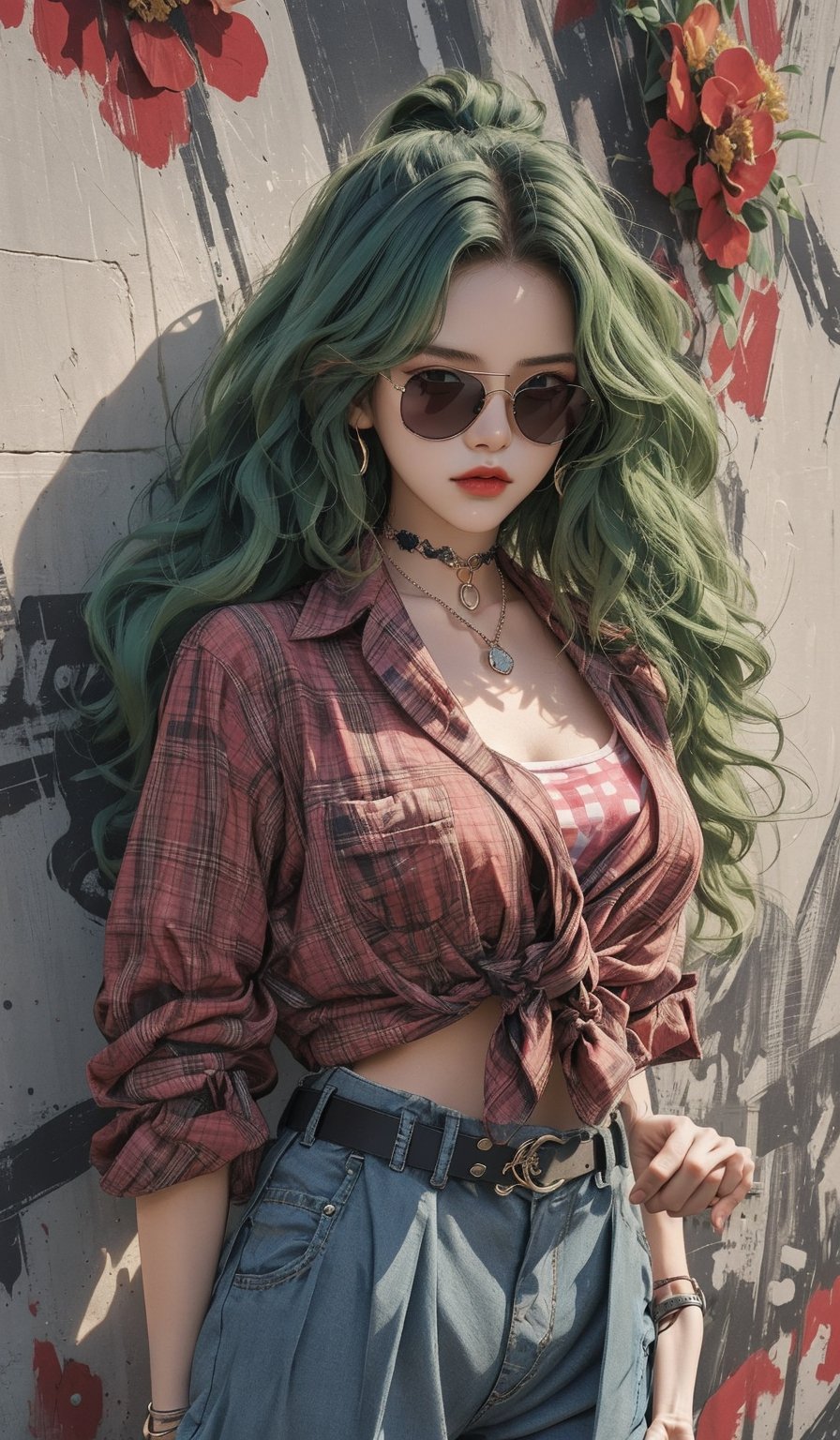  masterpiece art, 8k, (A beautiful teen girl with a skinny body), (green wavy hair) , she is wearing a (red designed checked shirt), (black designed cargo shorts), (waist knot belt), (flower choker), (red sunglasses), fashion style clothing. Necklace, jewelry, Her toned body suggests her great strength. The girl is dancing hip-hop and doing all kinds of cool moves.,columnar patch background,rGeometric pattern stitching background,shot from a distance,detailed art Sohwa,medium full shot,skinny,Detaileddace