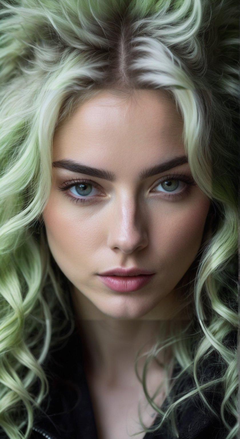 masterpiece, highly detailed image of a  girl with light gray eyes, Light green long frizzy hair, punk hairstyle, sweet and shy expression, little smile, cozy lighting, very dark background,  portrait, unusual composition, use of negative space, spectral, close-up, detailed eyes, detailed mouth,LegendDarkFantasy