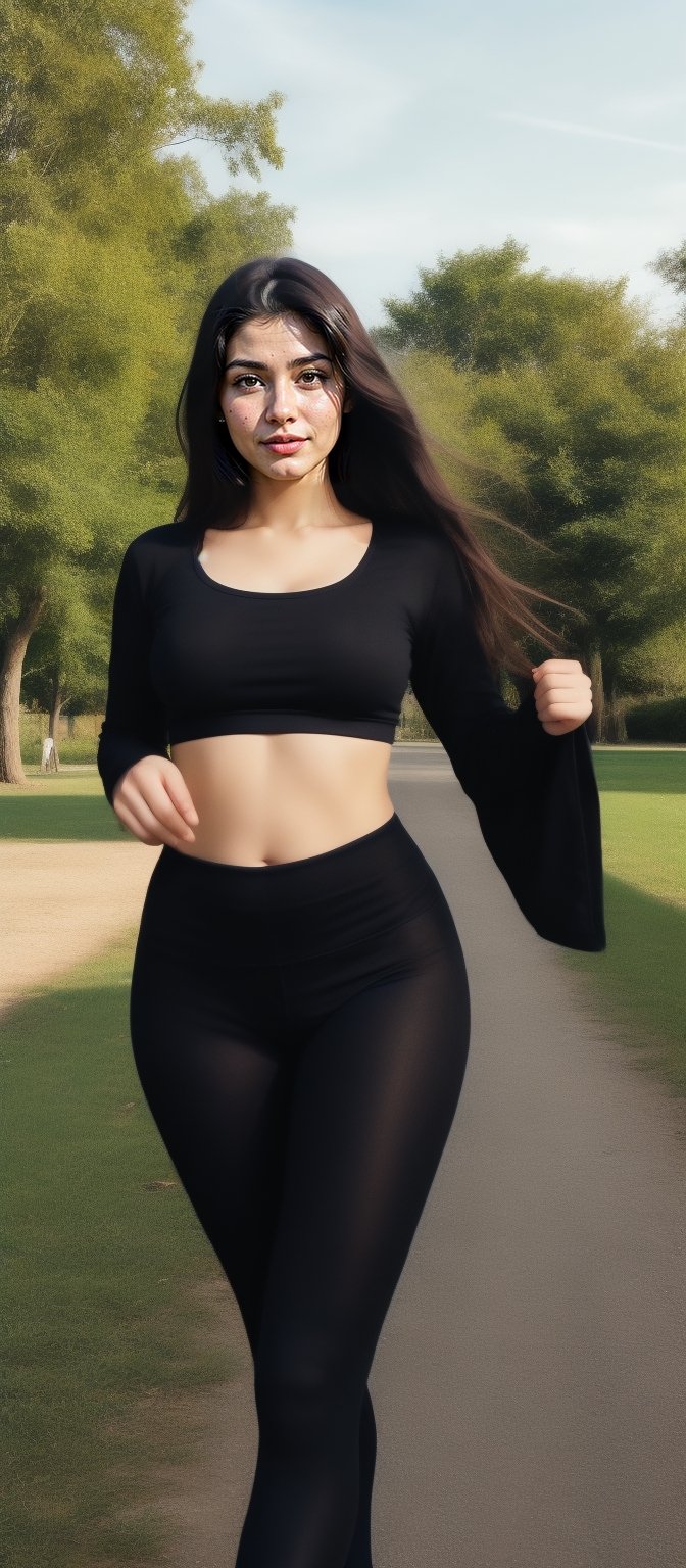 beautiful cute young attractive girl indian, teenage girl, village girl,18 year old,cute, 34-26-36 stats, instagram model,long black hair, wearing yoga tights and tight crop top, running in a park, her confidence evident in her posture, her chest subtly accentuated, 3D rendering, focusing on lifelike textures and lighting effects, --ar 16:9 --v 5