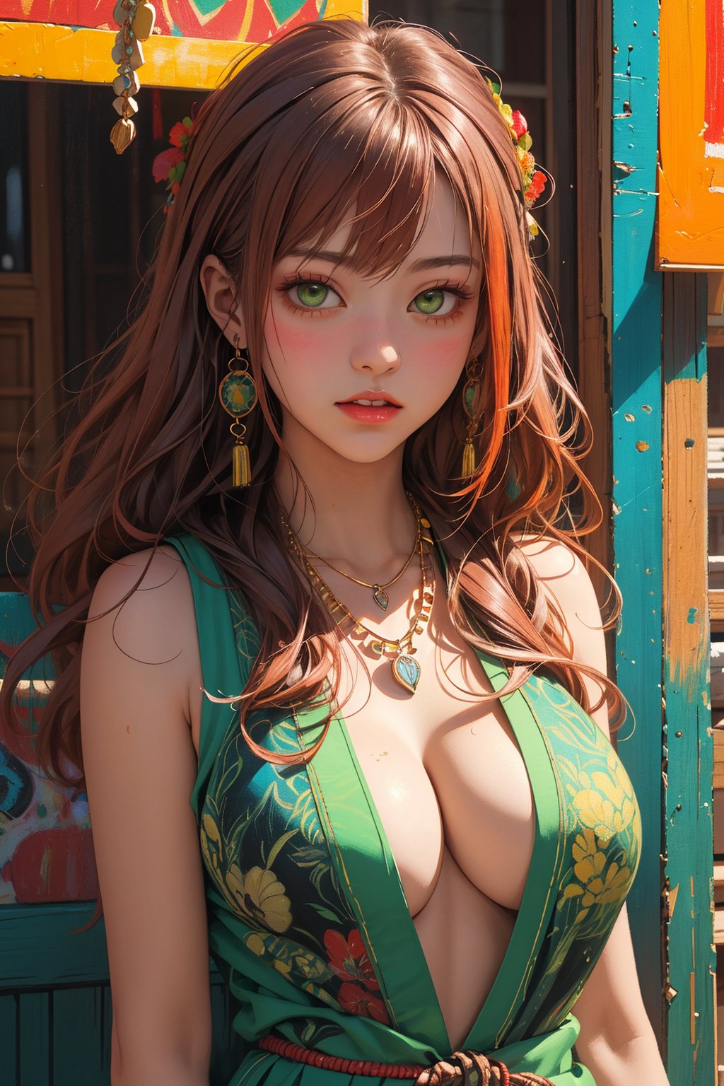 1girl, solo, Yukina, oil painting, impasto, looking at viewer, a young woman, 18 years old, red hair, long hair, green eyes, skinny body, big breasts, tribal necklace, urban psychedelic outfit, psychedelic  background, masterpiece, nijistyle, niji, ,sciamano240, soft shading, yukina