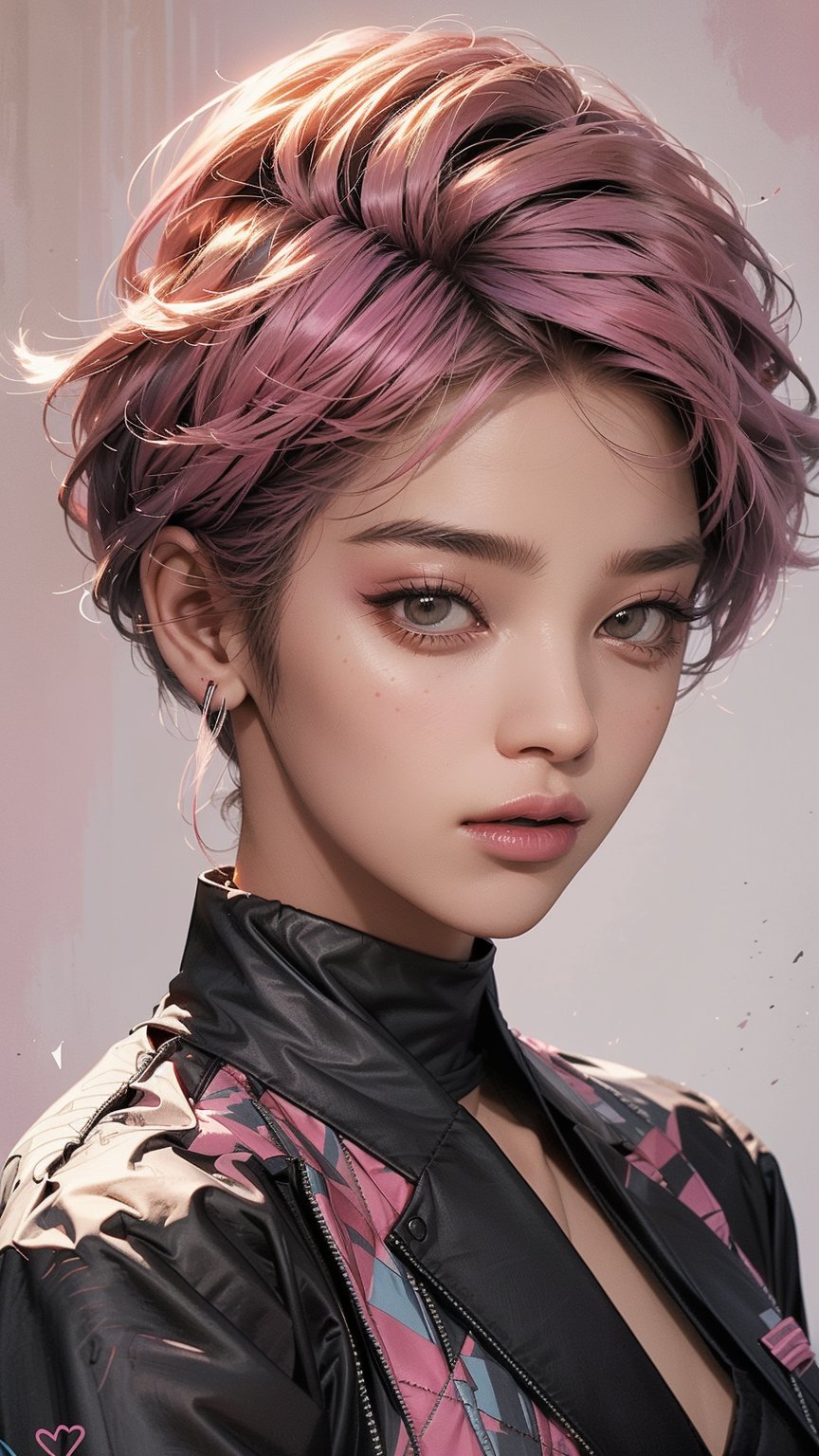 A striking magazine cover features Kizi, a stylish androgynous model with trendy clothing and a bold, pink-toned haircut. The subject is set against a columnar patchwork background with geometric pattern stitching, creating a visually appealing contrast. Kizi's face is meticulously rendered, showcasing detailed eyes, lips, and facial features. The overall composition is brilliant, drawing the viewer's attention to the confident and charismatic model.