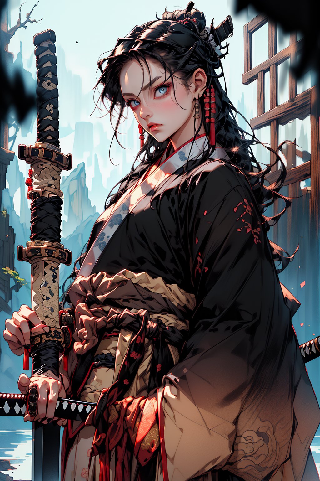 3/4_BODY of an ADULT FEMALE SAMURAI, (LONG_BLACK_HAIR_FEMALE:1.5) PERFECT HANDS HOLDING A KATANA (DETAILED TRADITIPNAL KATANA_SWORD:1.5), standing the top of a mountain and gazing far away, detailed eyes, best quality, masterpiece, beautiful and aesthetic, 16K, (HDR:1.4), high contrast, (vibrant color:0.5), (tmasterpiece, best:1.2), gorgeous perfect symmetrical eyes, tired face, far_away_gaze, (wears detailed TRADITIONAL HANFU:1.5), intricate detailing, finely eye and detailed face, Perfect eyes, Equal eyes, Fantastic lights and shadows, Uses backlight and rim light, huoshen, More Detail, zhurongshi, breakdomain, , Niji style,nodf_lora,niji