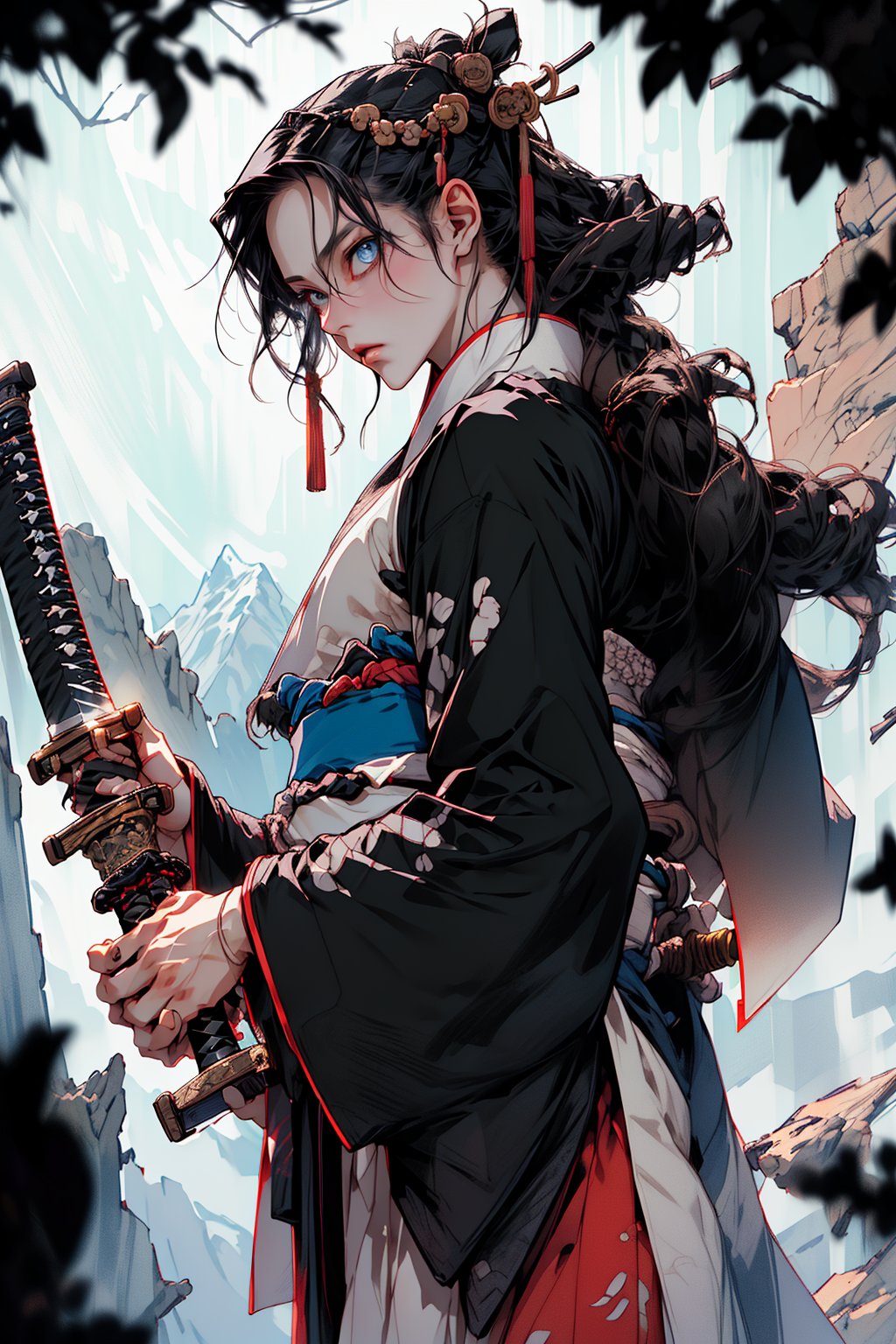 3/4_BODY of an ADULT FEMALE SAMURAI, (LONG_BLACK_HAIR_FEMALE:1.5) PERFECT HANDS HOLDING A KATANA (DETAILED TRADITIPNAL KATANA_SWORD:1.5), standing the top of a mountain and gazing far away, detailed eyes, best quality, masterpiece, beautiful and aesthetic, 16K, (HDR:1.4), high contrast, (vibrant color:0.5), (tmasterpiece, best:1.2), gorgeous perfect symmetrical eyes, tired face, far_away_gaze, (wears detailed TRADITIONAL HANFU:1.5), intricate detailing, finely eye and detailed face, Perfect eyes, Equal eyes, Fantastic lights and shadows, Uses backlight and rim light, huoshen, More Detail, zhurongshi, breakdomain, , Niji style,nodf_lora,niji