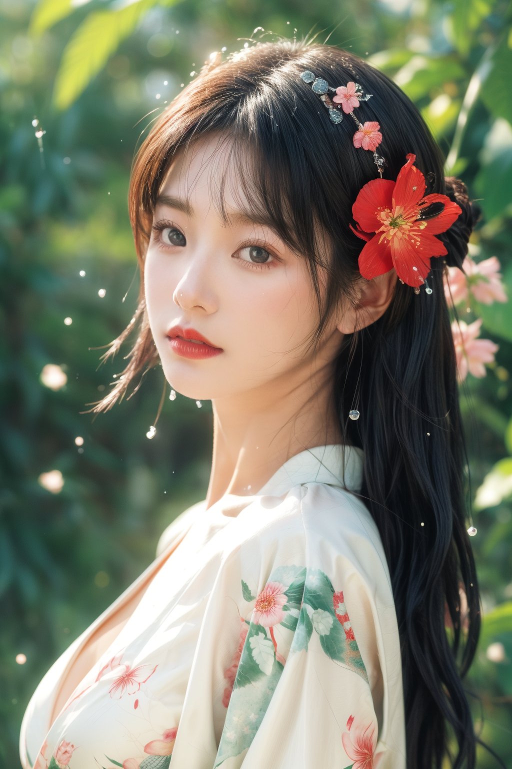 1girl, solo,big breasts, upper body, black hair, hair ornament, closed mouth, flower, japanese clothes, hair flower, kimono, blurry, lips, eyelashes, depth of field, butterfly, blurry foreground, water drop, realistic, nose, red lips,1 girl,Young beauty spirit ,chinatsumura,Soojin 