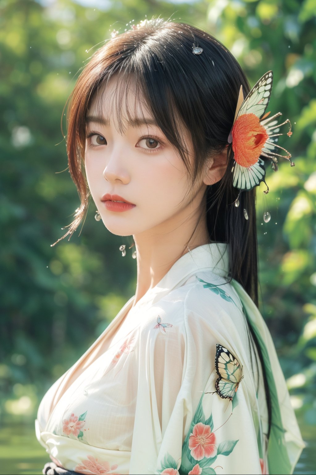 1girl, solo,big breasts, upper body, black hair, hair ornament, closed mouth, flower, japanese clothes, hair flower, kimono, blurry, lips, eyelashes, depth of field, butterfly, blurry foreground, water drop, realistic, nose, red lips,1 girl,Young beauty spirit ,chinatsumura,Soojin 